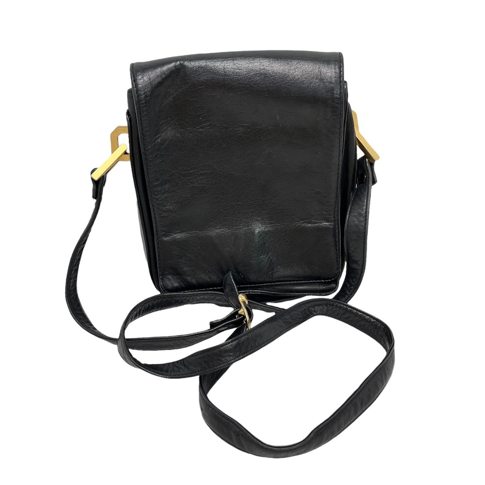 PERLINA NEW YORK Black Genuine Leather Flap Pocket Crossbody Shoulder Bag Purse